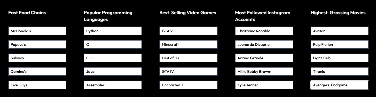 Category Input Example
